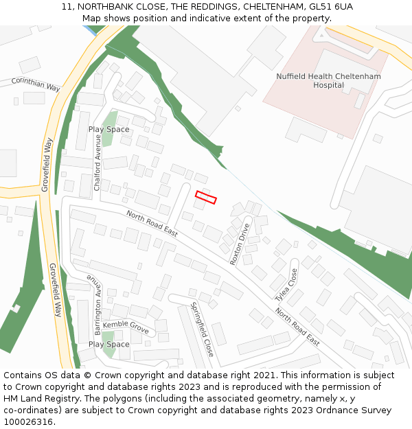 11, NORTHBANK CLOSE, THE REDDINGS, CHELTENHAM, GL51 6UA: Location map and indicative extent of plot