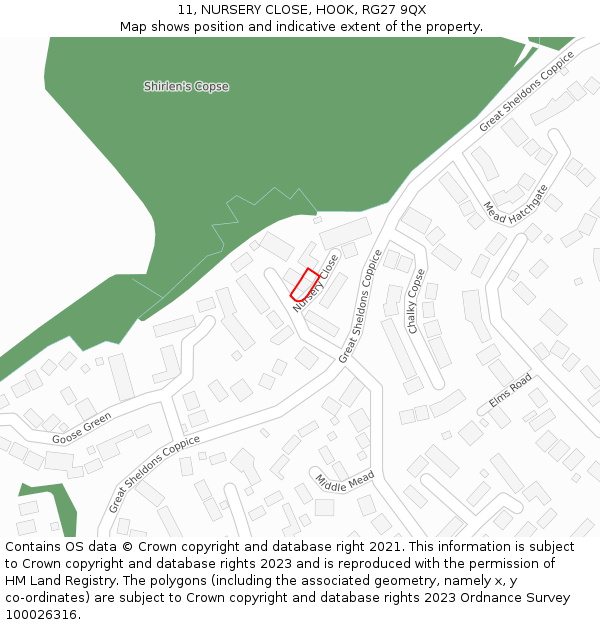 11, NURSERY CLOSE, HOOK, RG27 9QX: Location map and indicative extent of plot