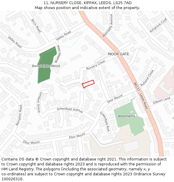 11, NURSERY CLOSE, KIPPAX, LEEDS, LS25 7AD: Location map and indicative extent of plot