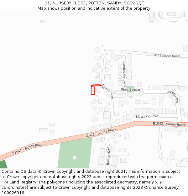 11, NURSERY CLOSE, POTTON, SANDY, SG19 2QE: Location map and indicative extent of plot