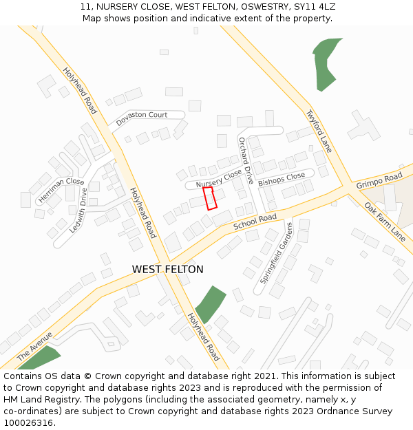 11, NURSERY CLOSE, WEST FELTON, OSWESTRY, SY11 4LZ: Location map and indicative extent of plot