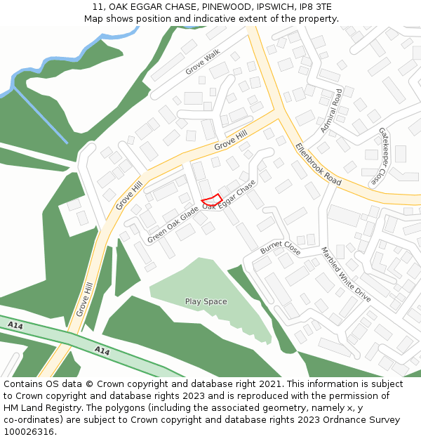 11, OAK EGGAR CHASE, PINEWOOD, IPSWICH, IP8 3TE: Location map and indicative extent of plot