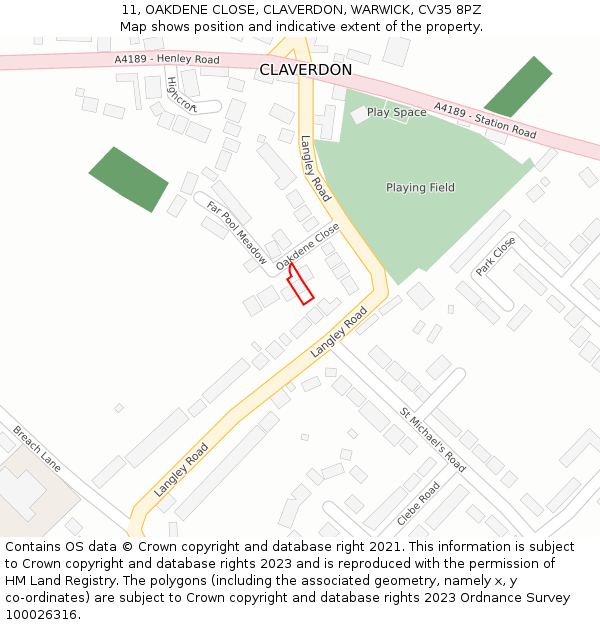 11, OAKDENE CLOSE, CLAVERDON, WARWICK, CV35 8PZ: Location map and indicative extent of plot