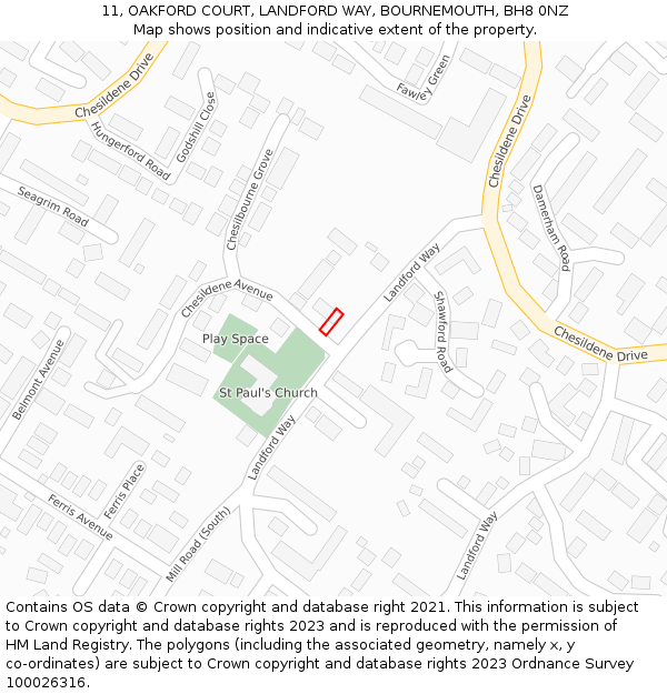 11, OAKFORD COURT, LANDFORD WAY, BOURNEMOUTH, BH8 0NZ: Location map and indicative extent of plot