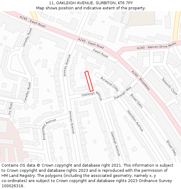 11, OAKLEIGH AVENUE, SURBITON, KT6 7PY: Location map and indicative extent of plot
