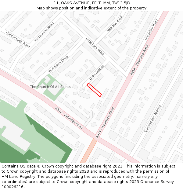 11, OAKS AVENUE, FELTHAM, TW13 5JD: Location map and indicative extent of plot