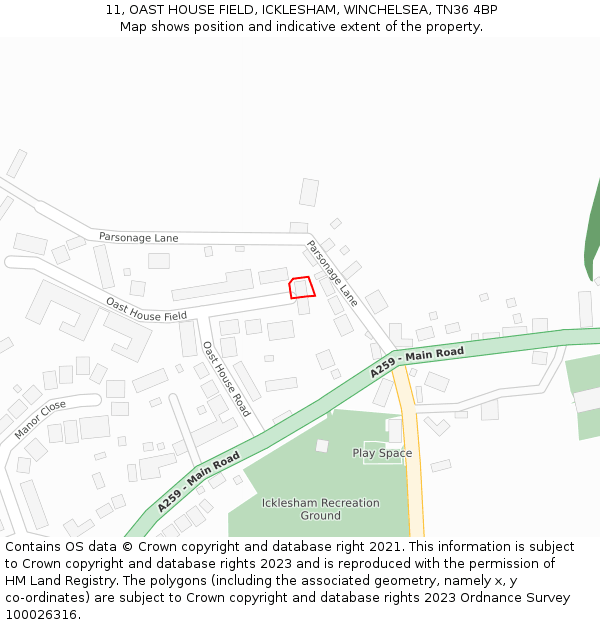 11, OAST HOUSE FIELD, ICKLESHAM, WINCHELSEA, TN36 4BP: Location map and indicative extent of plot