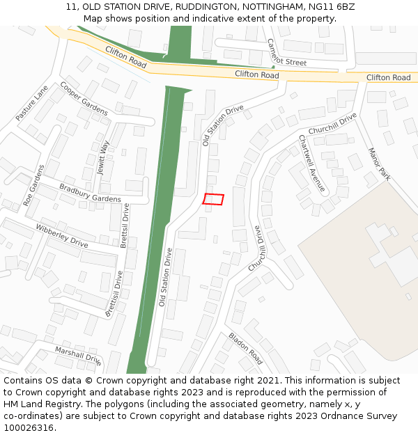 11, OLD STATION DRIVE, RUDDINGTON, NOTTINGHAM, NG11 6BZ: Location map and indicative extent of plot