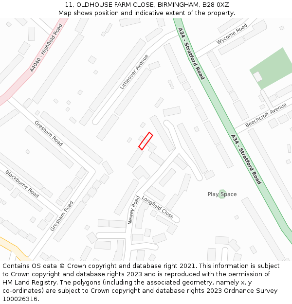 11, OLDHOUSE FARM CLOSE, BIRMINGHAM, B28 0XZ: Location map and indicative extent of plot