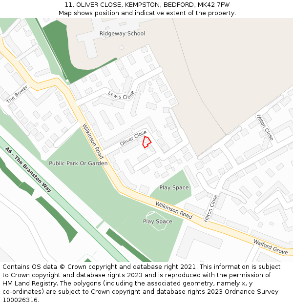 11, OLIVER CLOSE, KEMPSTON, BEDFORD, MK42 7FW: Location map and indicative extent of plot