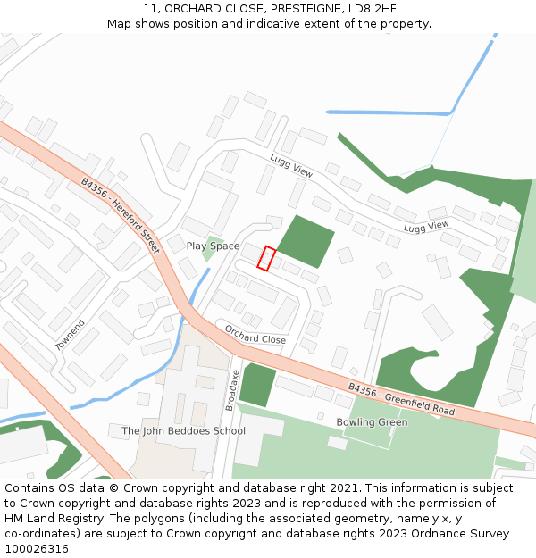 11, ORCHARD CLOSE, PRESTEIGNE, LD8 2HF: Location map and indicative extent of plot