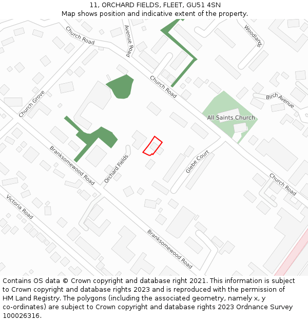 11, ORCHARD FIELDS, FLEET, GU51 4SN: Location map and indicative extent of plot