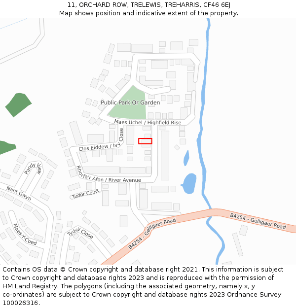 11, ORCHARD ROW, TRELEWIS, TREHARRIS, CF46 6EJ: Location map and indicative extent of plot