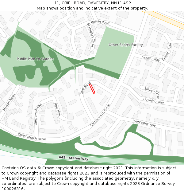 11, ORIEL ROAD, DAVENTRY, NN11 4SP: Location map and indicative extent of plot