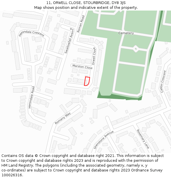 11, ORWELL CLOSE, STOURBRIDGE, DY8 3JS: Location map and indicative extent of plot