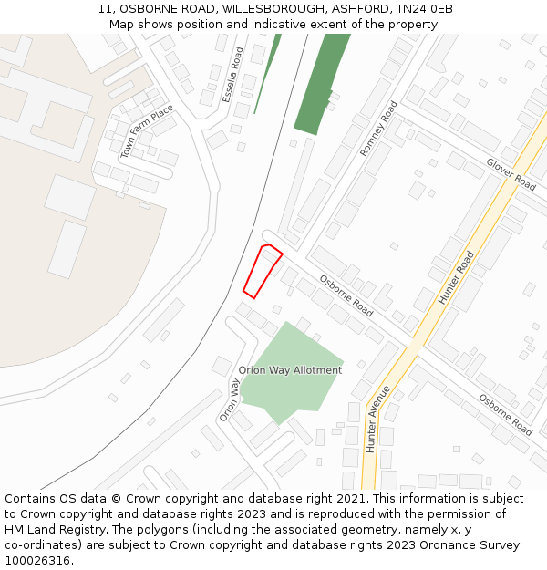 11, OSBORNE ROAD, WILLESBOROUGH, ASHFORD, TN24 0EB: Location map and indicative extent of plot