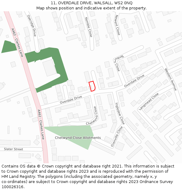 11, OVERDALE DRIVE, WALSALL, WS2 0NQ: Location map and indicative extent of plot