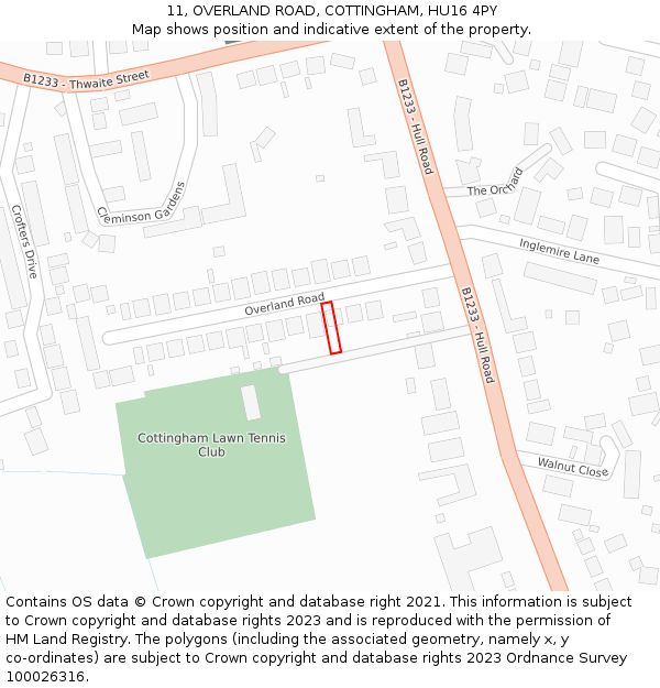 11, OVERLAND ROAD, COTTINGHAM, HU16 4PY: Location map and indicative extent of plot