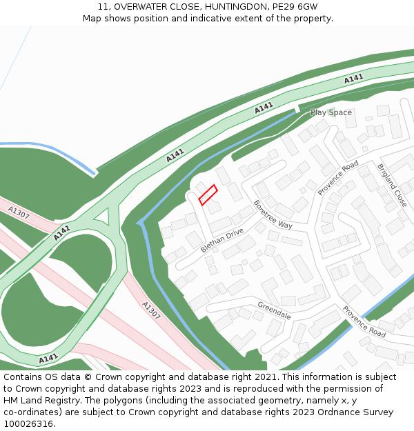 11, OVERWATER CLOSE, HUNTINGDON, PE29 6GW: Location map and indicative extent of plot