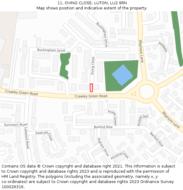 11, OVING CLOSE, LUTON, LU2 9RN: Location map and indicative extent of plot