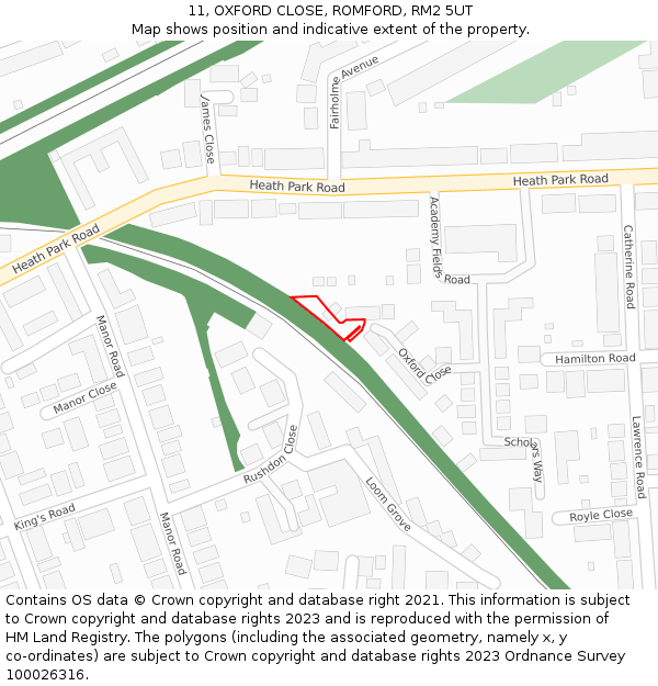 11, OXFORD CLOSE, ROMFORD, RM2 5UT: Location map and indicative extent of plot