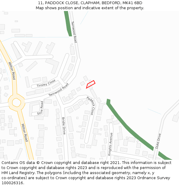 11, PADDOCK CLOSE, CLAPHAM, BEDFORD, MK41 6BD: Location map and indicative extent of plot