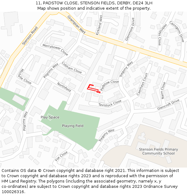 11, PADSTOW CLOSE, STENSON FIELDS, DERBY, DE24 3LH: Location map and indicative extent of plot