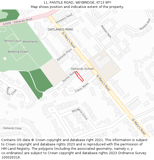 11, PANTILE ROAD, WEYBRIDGE, KT13 9PY: Location map and indicative extent of plot