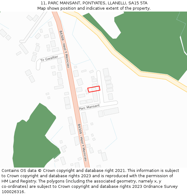 11, PARC MANSANT, PONTYATES, LLANELLI, SA15 5TA: Location map and indicative extent of plot