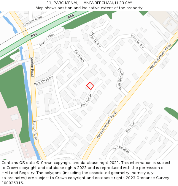 11, PARC MENAI, LLANFAIRFECHAN, LL33 0AY: Location map and indicative extent of plot