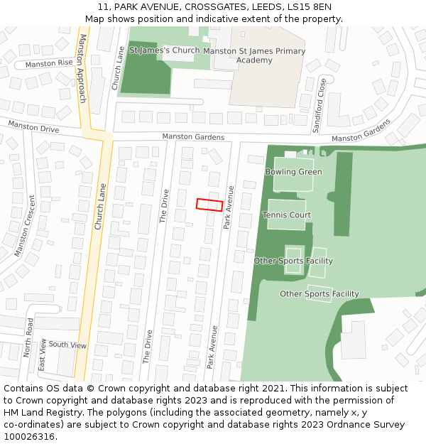 11, PARK AVENUE, CROSSGATES, LEEDS, LS15 8EN: Location map and indicative extent of plot