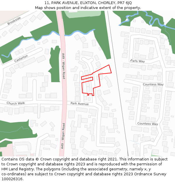 11, PARK AVENUE, EUXTON, CHORLEY, PR7 6JQ: Location map and indicative extent of plot