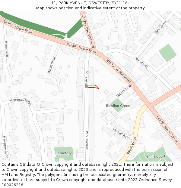 11, PARK AVENUE, OSWESTRY, SY11 1AU: Location map and indicative extent of plot