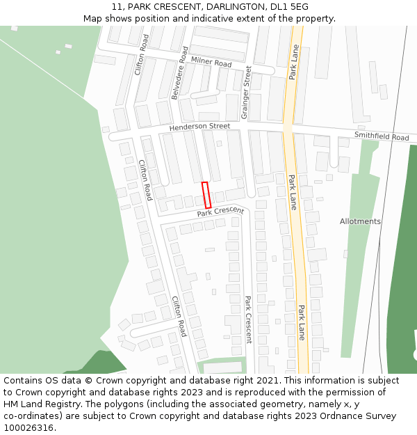 11, PARK CRESCENT, DARLINGTON, DL1 5EG: Location map and indicative extent of plot