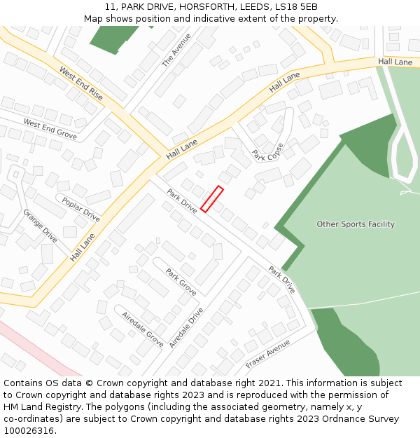 11, PARK DRIVE, HORSFORTH, LEEDS, LS18 5EB: Location map and indicative extent of plot