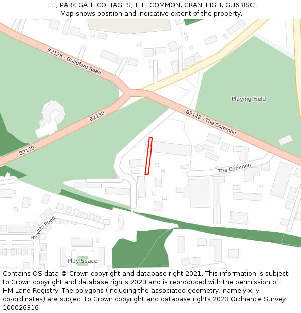 11, PARK GATE COTTAGES, THE COMMON, CRANLEIGH, GU6 8SG: Location map and indicative extent of plot