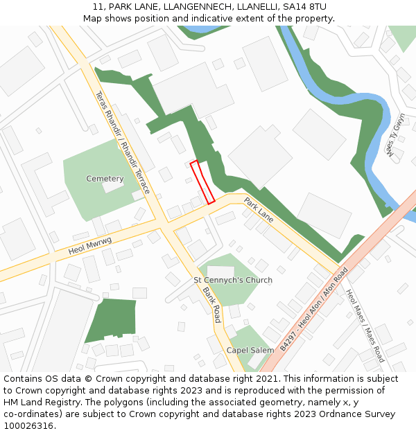 11, PARK LANE, LLANGENNECH, LLANELLI, SA14 8TU: Location map and indicative extent of plot