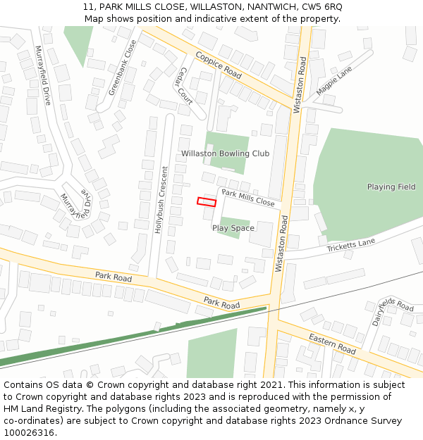 11, PARK MILLS CLOSE, WILLASTON, NANTWICH, CW5 6RQ: Location map and indicative extent of plot