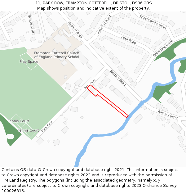 11, PARK ROW, FRAMPTON COTTERELL, BRISTOL, BS36 2BS: Location map and indicative extent of plot