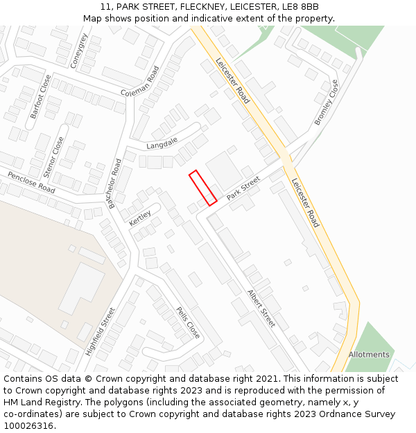 11, PARK STREET, FLECKNEY, LEICESTER, LE8 8BB: Location map and indicative extent of plot