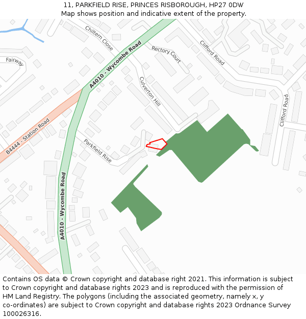 11, PARKFIELD RISE, PRINCES RISBOROUGH, HP27 0DW: Location map and indicative extent of plot