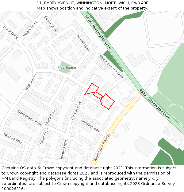 11, PARRY AVENUE, WINNINGTON, NORTHWICH, CW8 4RF: Location map and indicative extent of plot