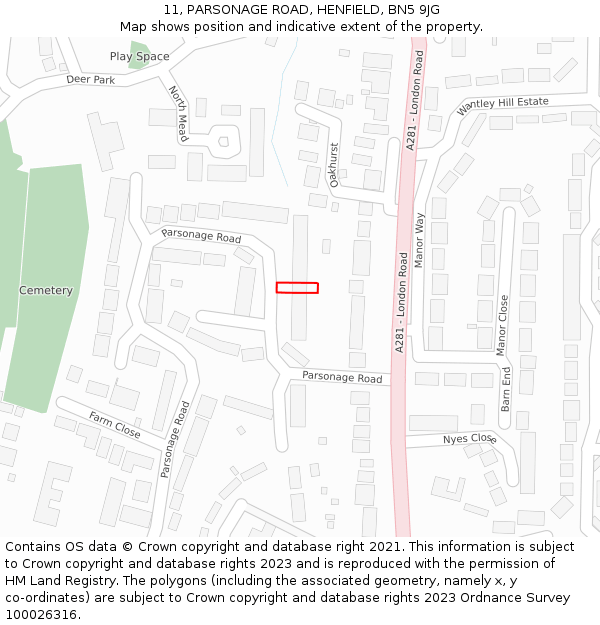 11, PARSONAGE ROAD, HENFIELD, BN5 9JG: Location map and indicative extent of plot