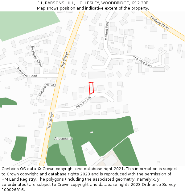 11, PARSONS HILL, HOLLESLEY, WOODBRIDGE, IP12 3RB: Location map and indicative extent of plot