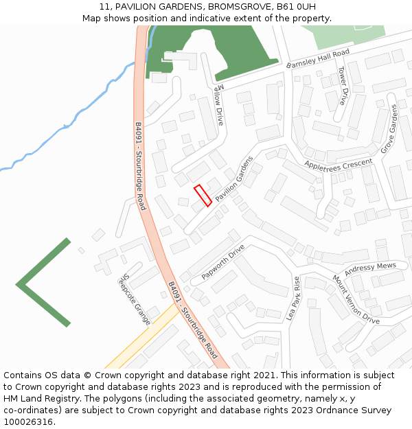 11, PAVILION GARDENS, BROMSGROVE, B61 0UH: Location map and indicative extent of plot