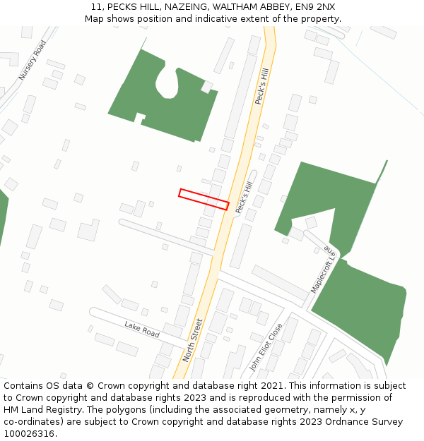 11, PECKS HILL, NAZEING, WALTHAM ABBEY, EN9 2NX: Location map and indicative extent of plot