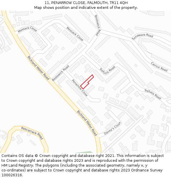 11, PENARROW CLOSE, FALMOUTH, TR11 4QH: Location map and indicative extent of plot