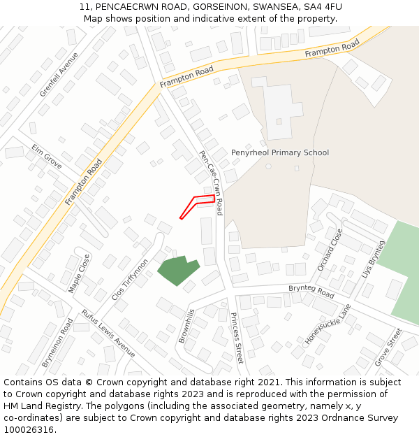 11, PENCAECRWN ROAD, GORSEINON, SWANSEA, SA4 4FU: Location map and indicative extent of plot