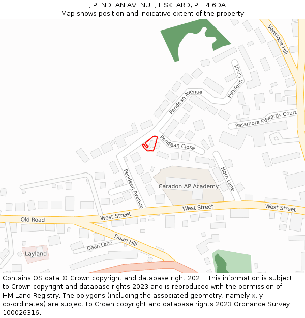 11, PENDEAN AVENUE, LISKEARD, PL14 6DA: Location map and indicative extent of plot