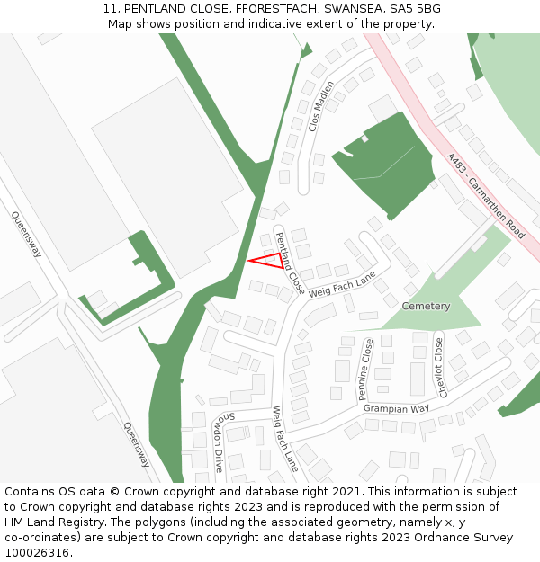 11, PENTLAND CLOSE, FFORESTFACH, SWANSEA, SA5 5BG: Location map and indicative extent of plot